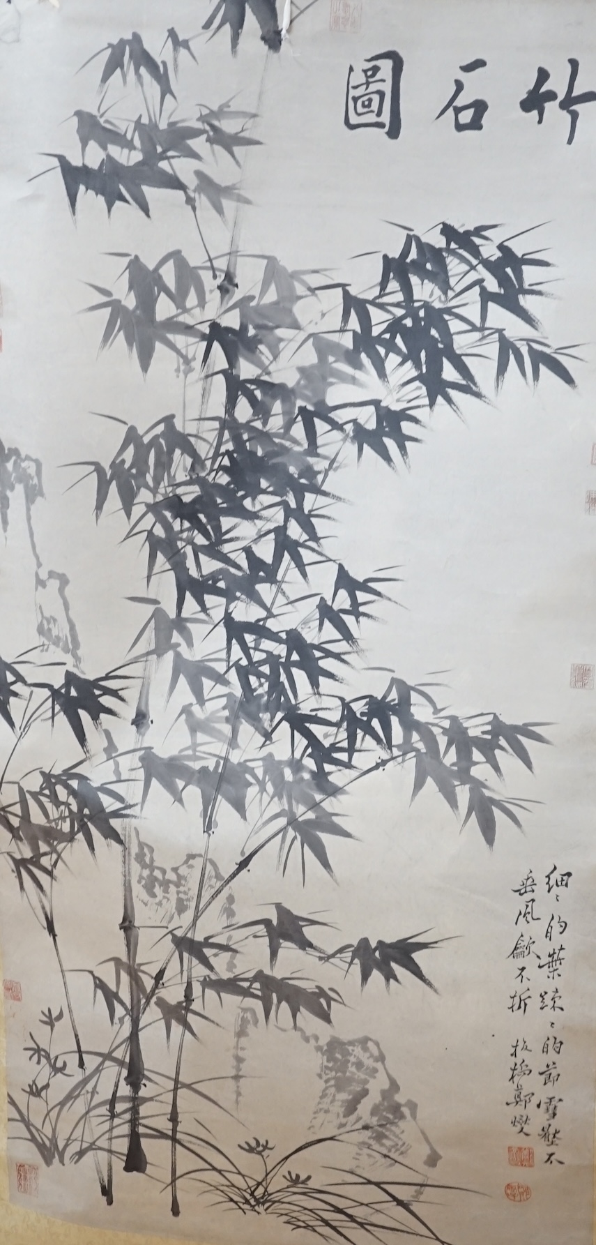 A Chinese printed scroll picture, depicting bamboo groves, 105 x 67cm. Condition - fair